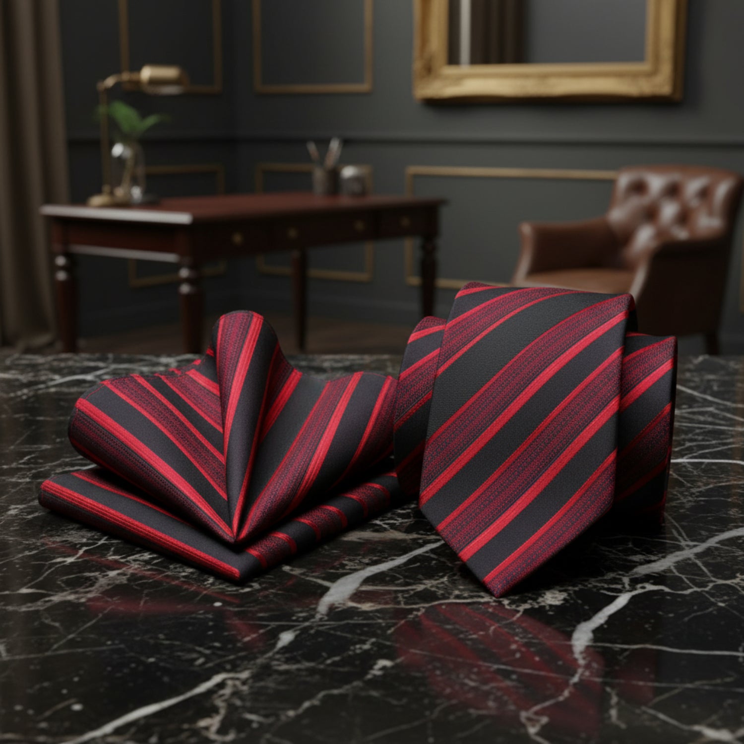 Red and black striped tie and pocket square set 