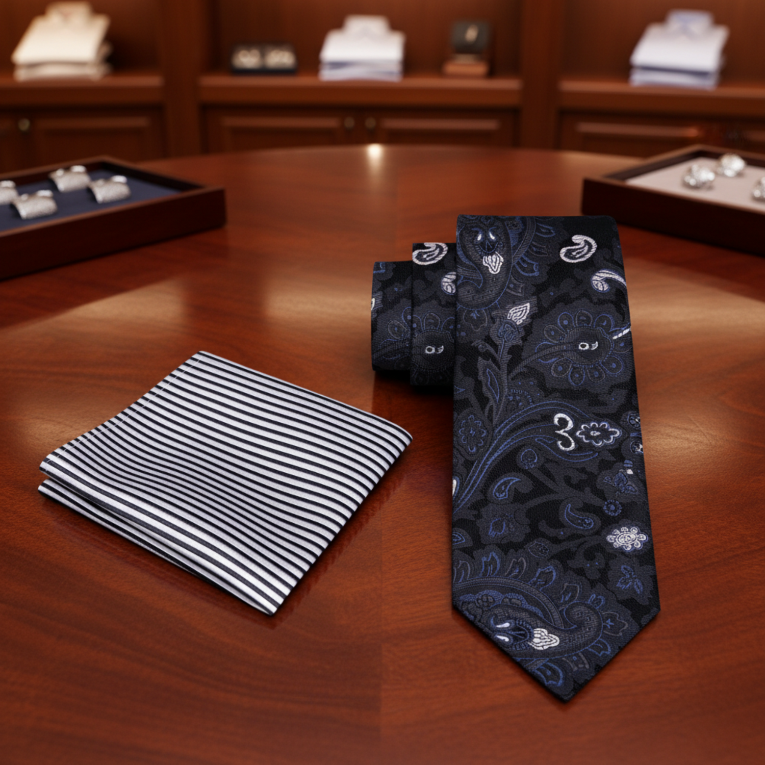 A Black Paisley Necktie and Accenting Square