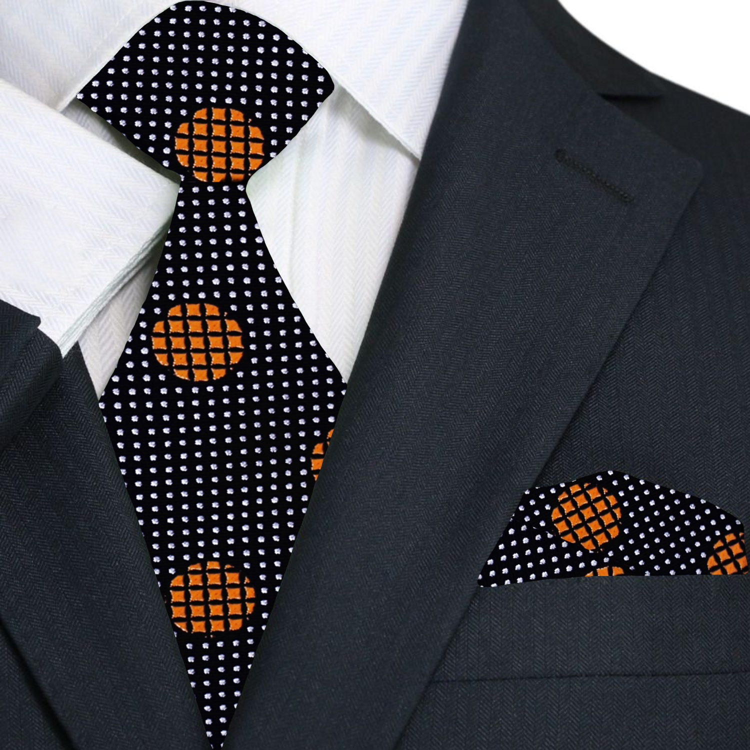 black gold polka tie and square||Black, Deep Gold Dot
