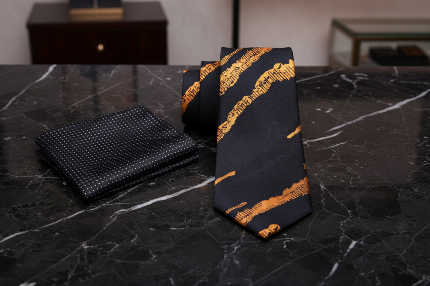 Alt View: Black, Copper Abstract Necktie and Black Square