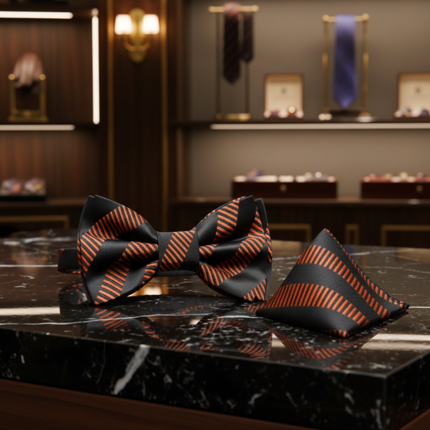 Brown Copper Orange and Black Lines Bow Tie and Pocket Square