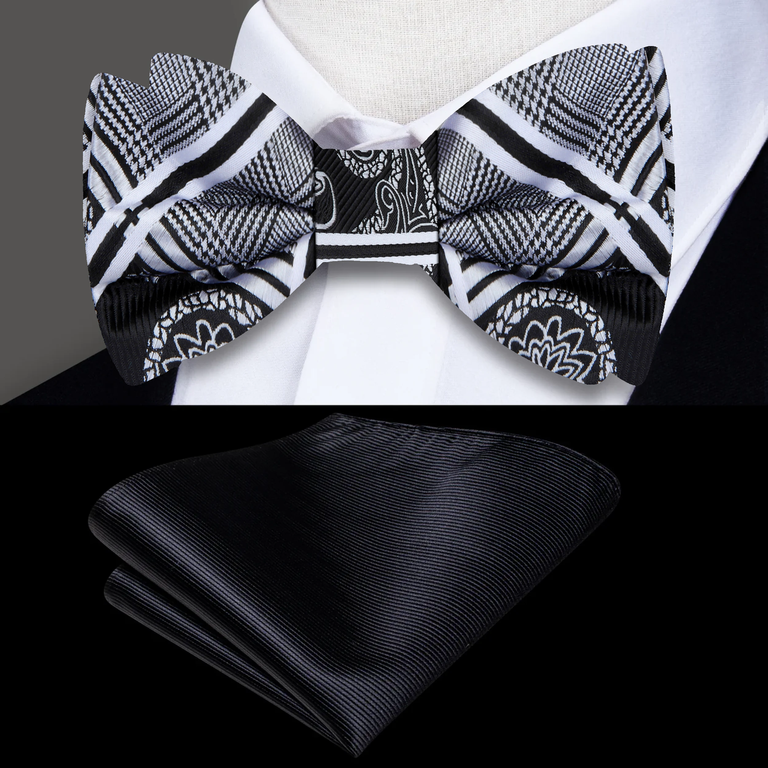A Silver, Black Geometric and Paisley Pattern Self Tie Bow Tie, Black Pocket Square