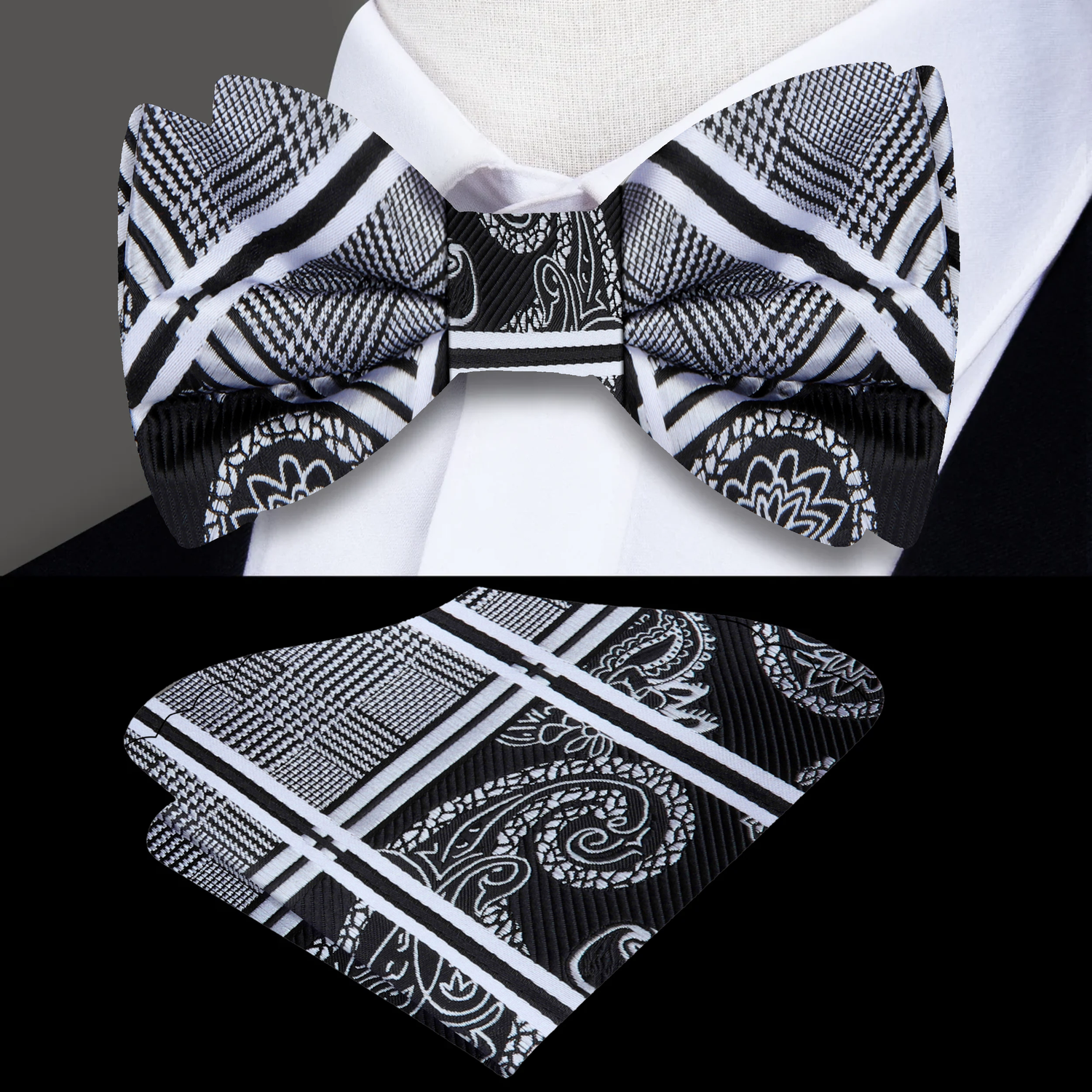 Main View: A Silver, Black Geometric and Paisley Pattern Self Tie Bow Tie, Matching Pocket Square