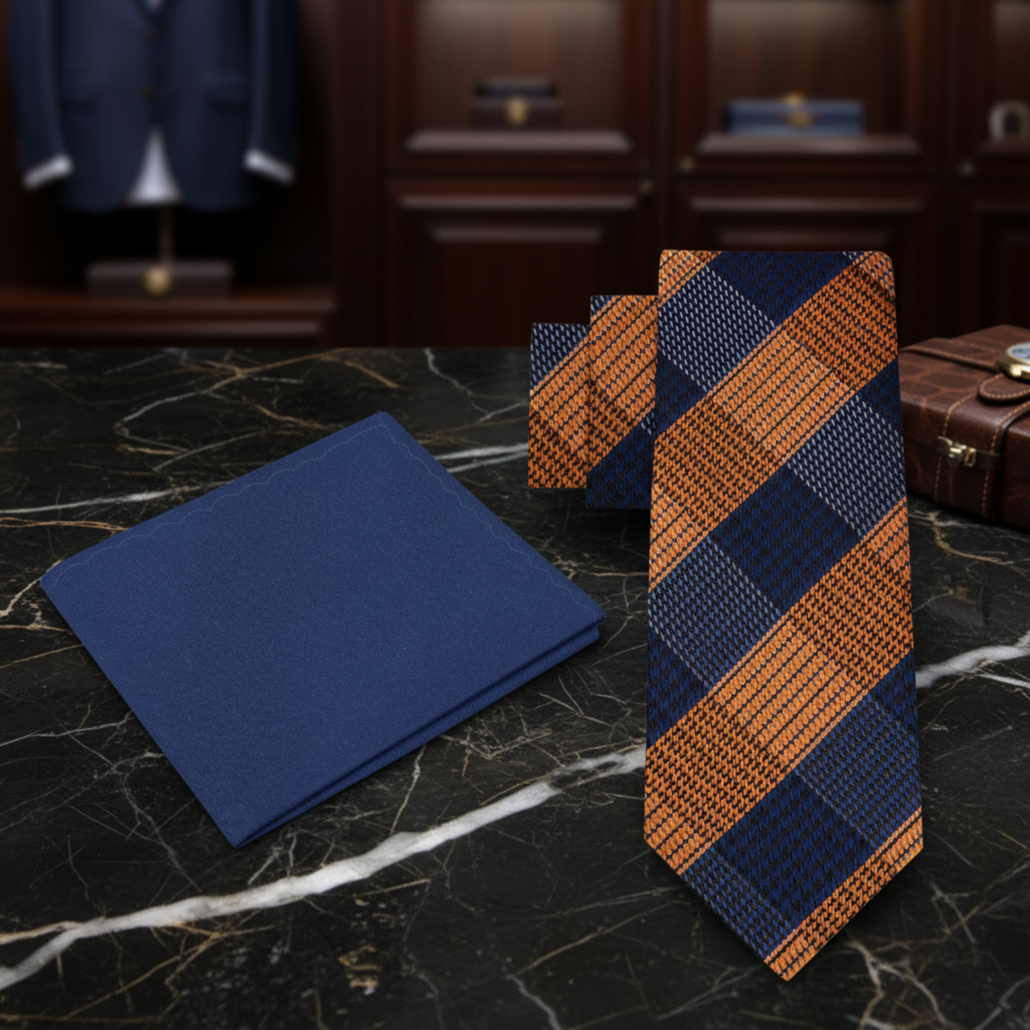 Alt View: Orange, Black, Blue Plaid Necktie with Accenting Blue Square