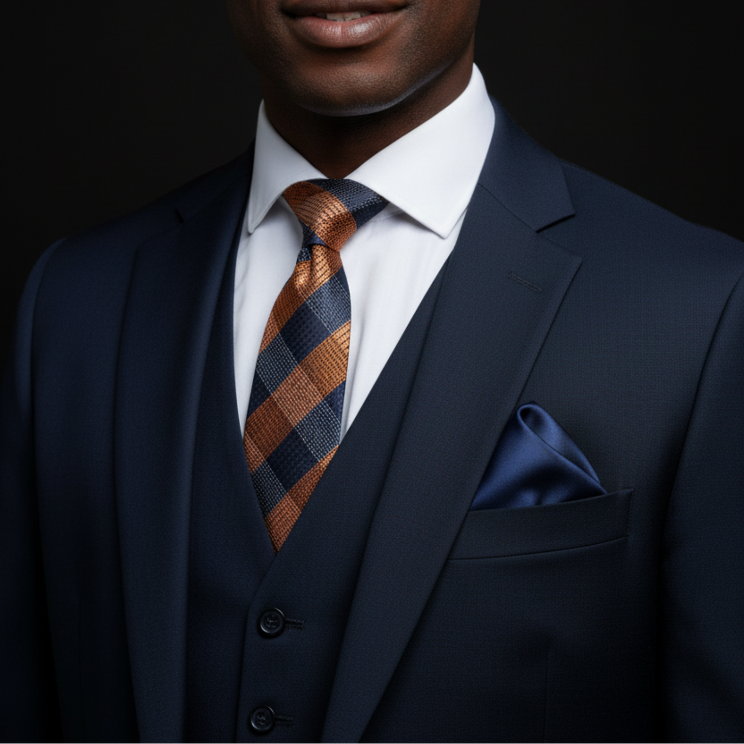 Blue and Orange Plaid Tie and Blue Square on Man
