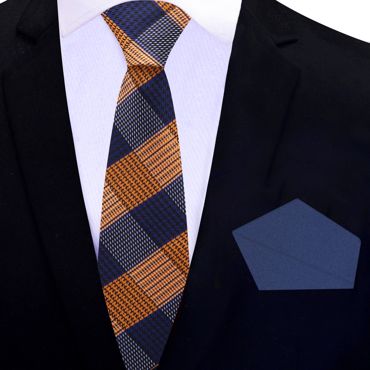 Thin Tie: Orange, Black, Blue Plaid Necktie with Accenting Blue Square