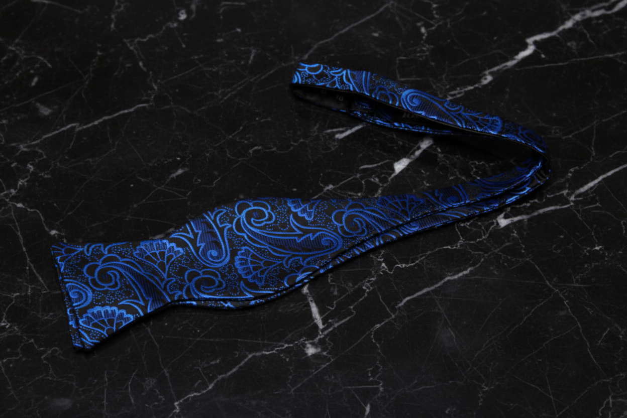 A Blue, Black Plaid Pattern Silk Self Tie Bow Tie