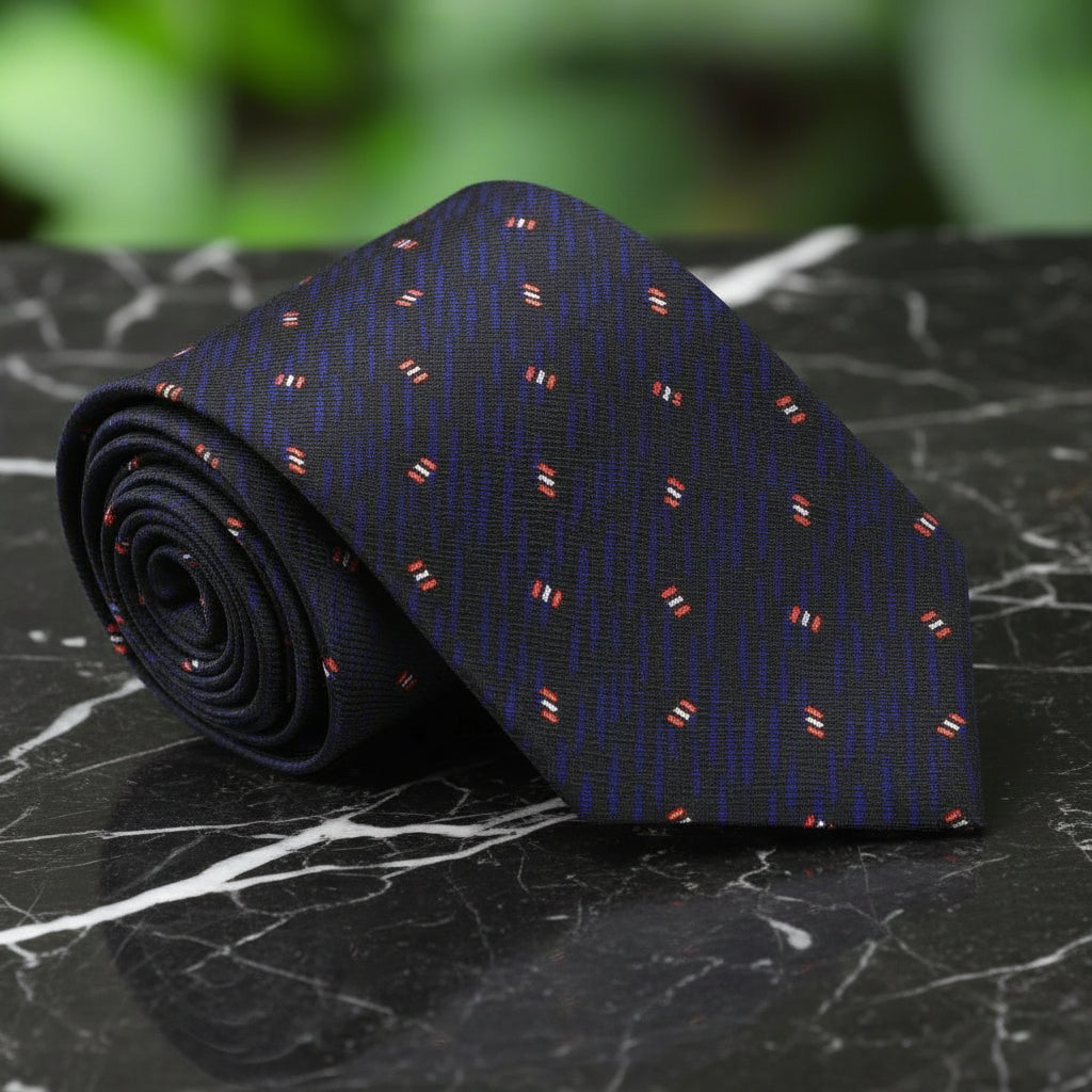 Single Tie: Black, Dark Indigo, Red, Abstract Tie 