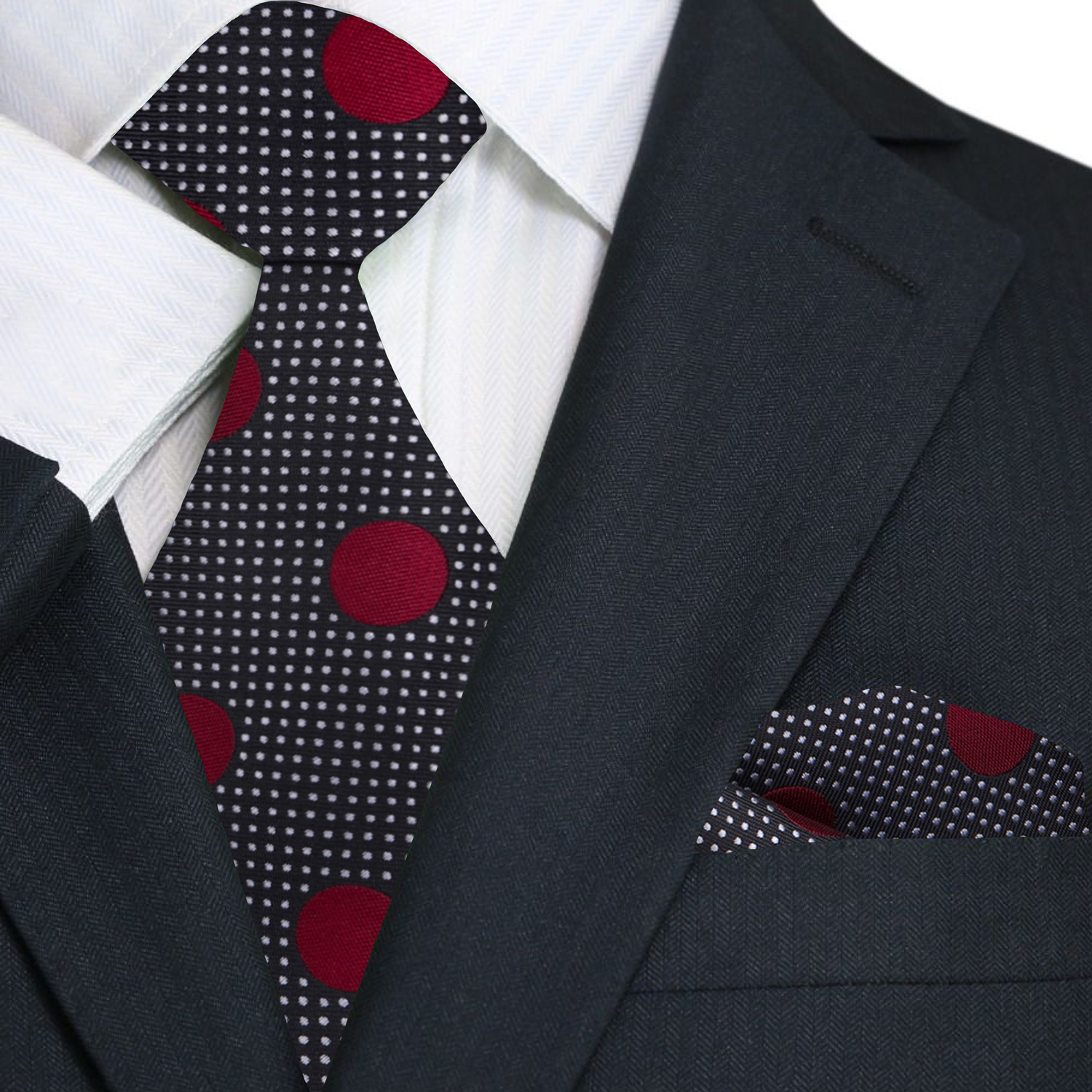 Main: black burgundy polka tie and square||Black, Burgundy Dot