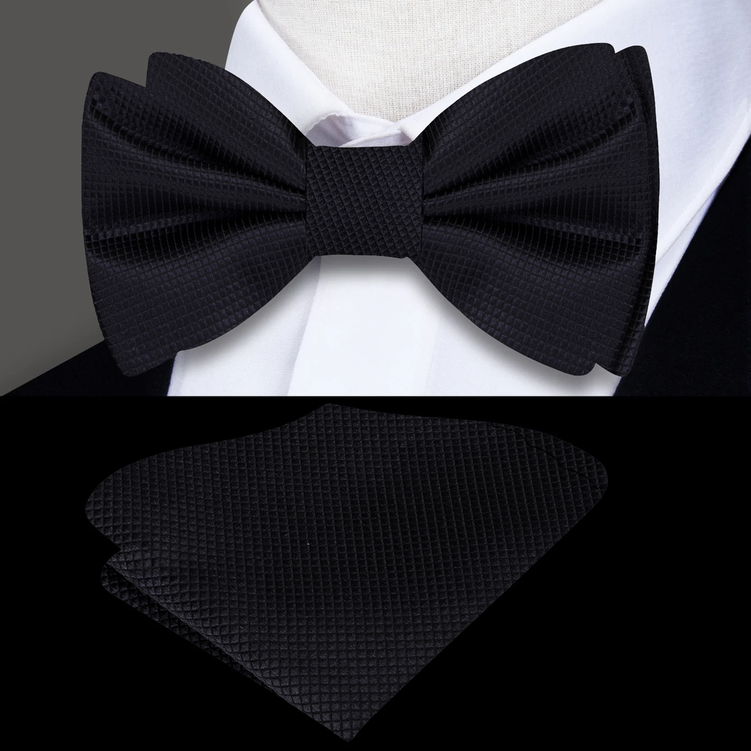 Solid Black with a small Block Texture Tied Bow Tie and Square