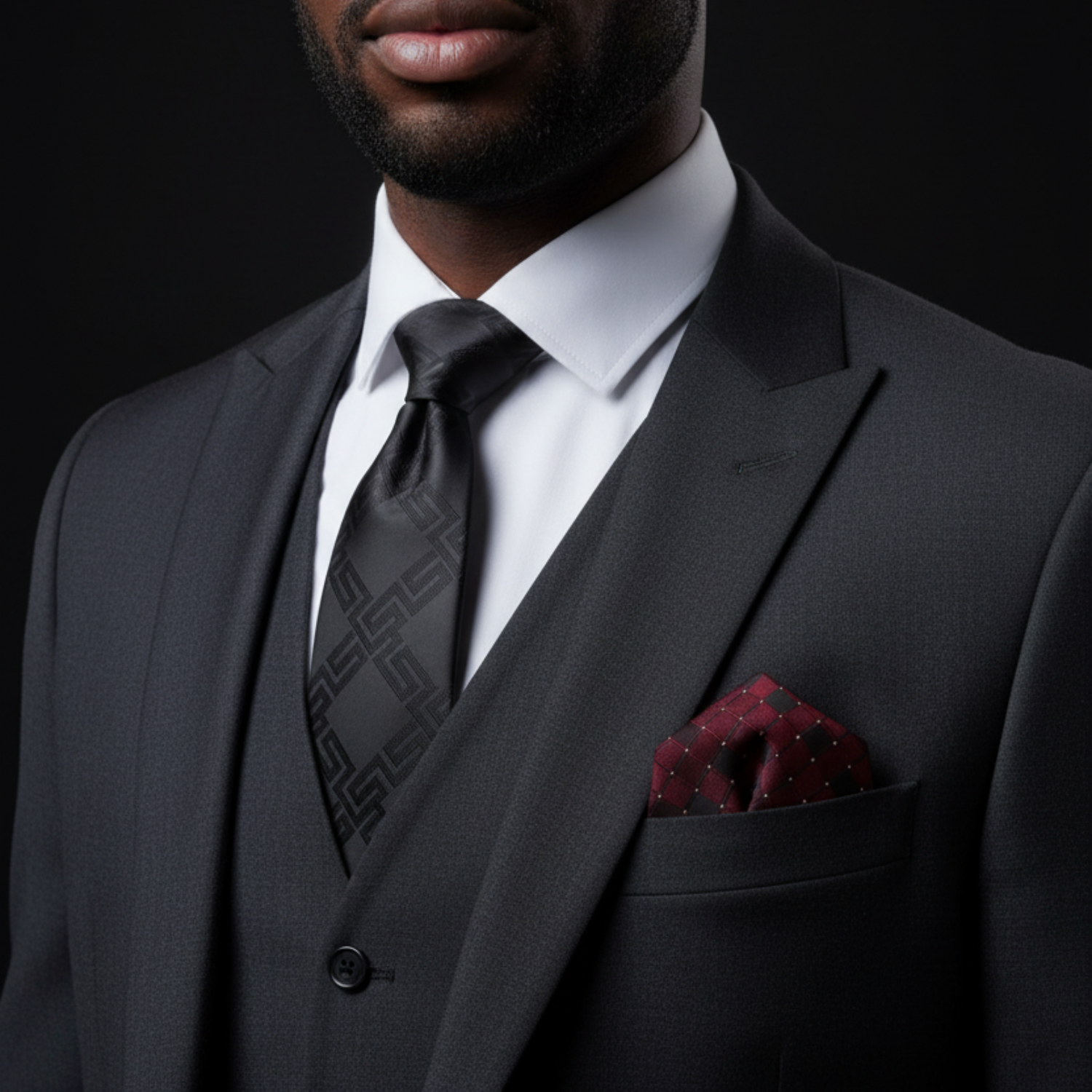 Man wearing a dark gray suit with a patterned tie and red pocket square on a black background