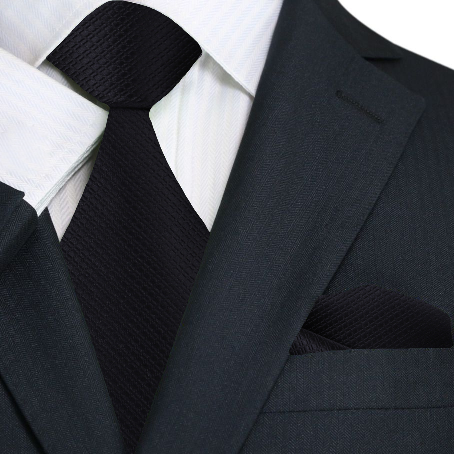 Main A Solid Black Tie With Small Check Texture Pattern Necktie With Matching Pocket Square
