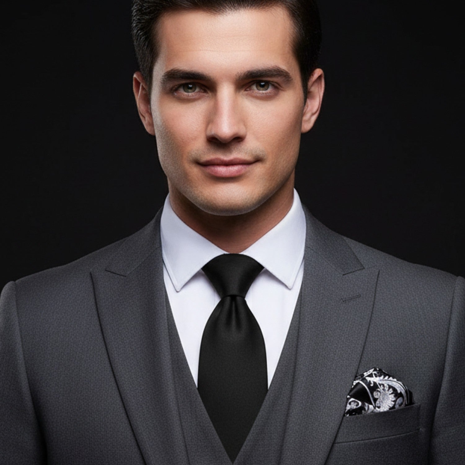 Man wearing a gray suit with a black tie and pocket square on a black background