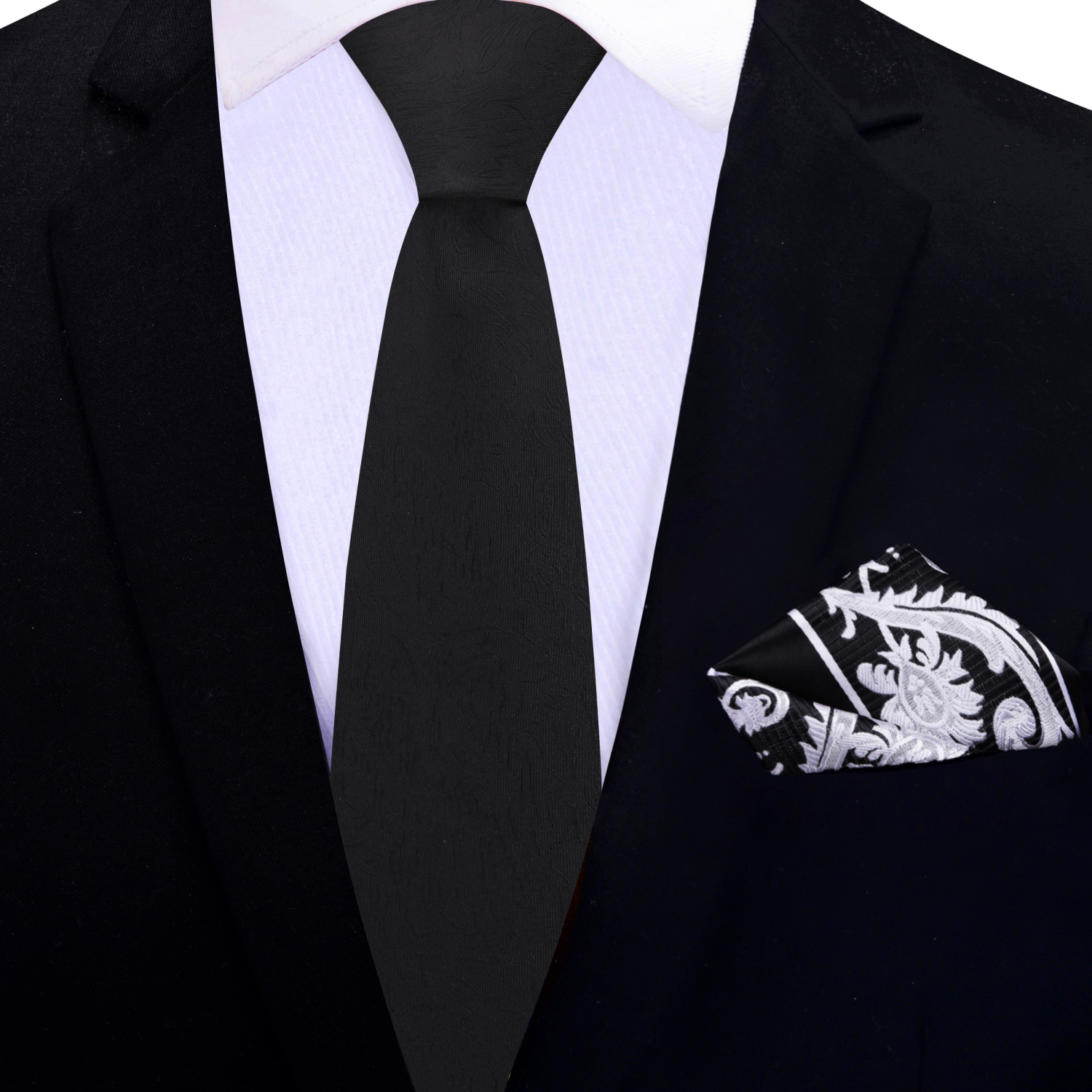 Thin Midnight Black Solid with Abstract Lines Silk Necktie With Accenting Black and White Pocket Square