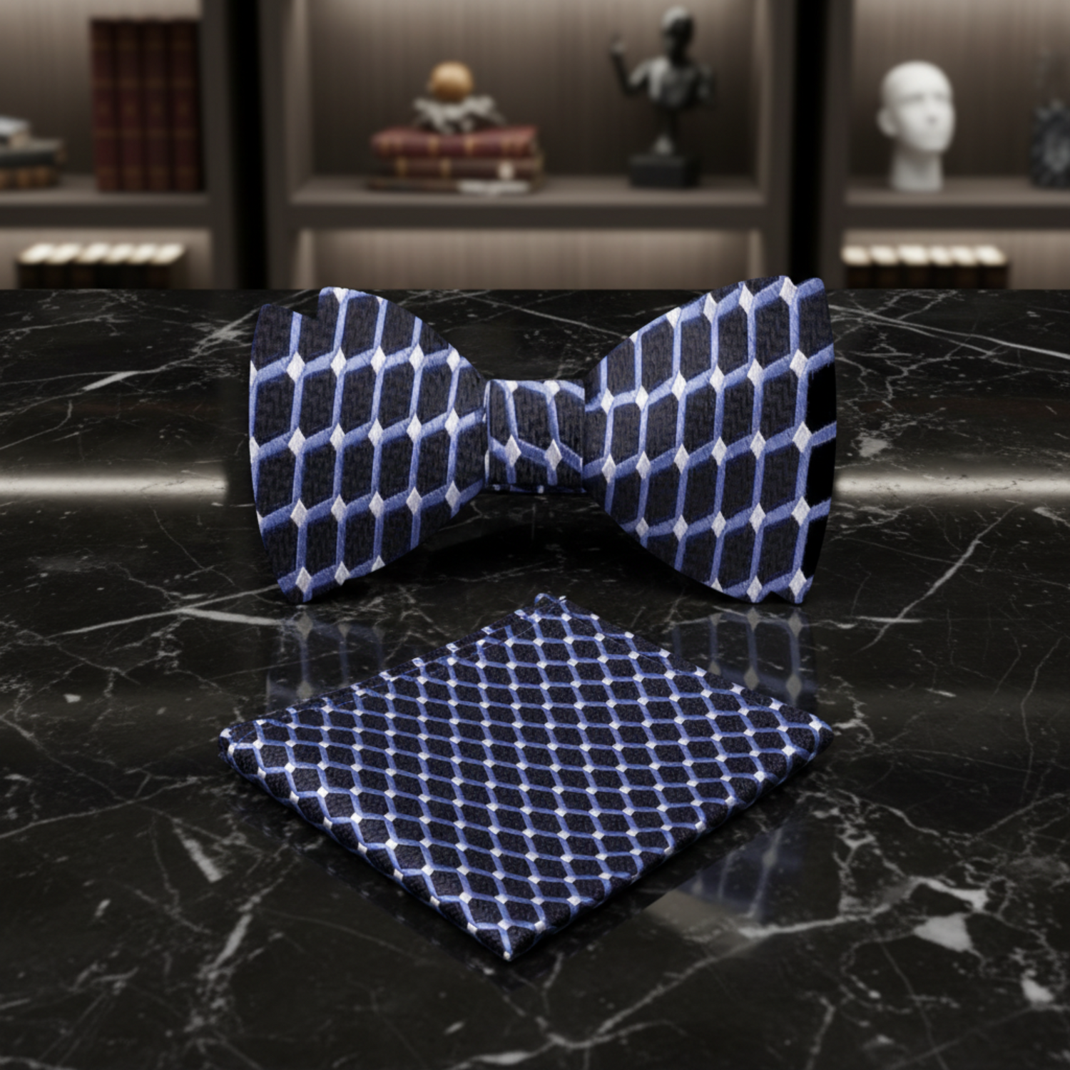 Main: Black Geometric Bow Tie and Pocket Square