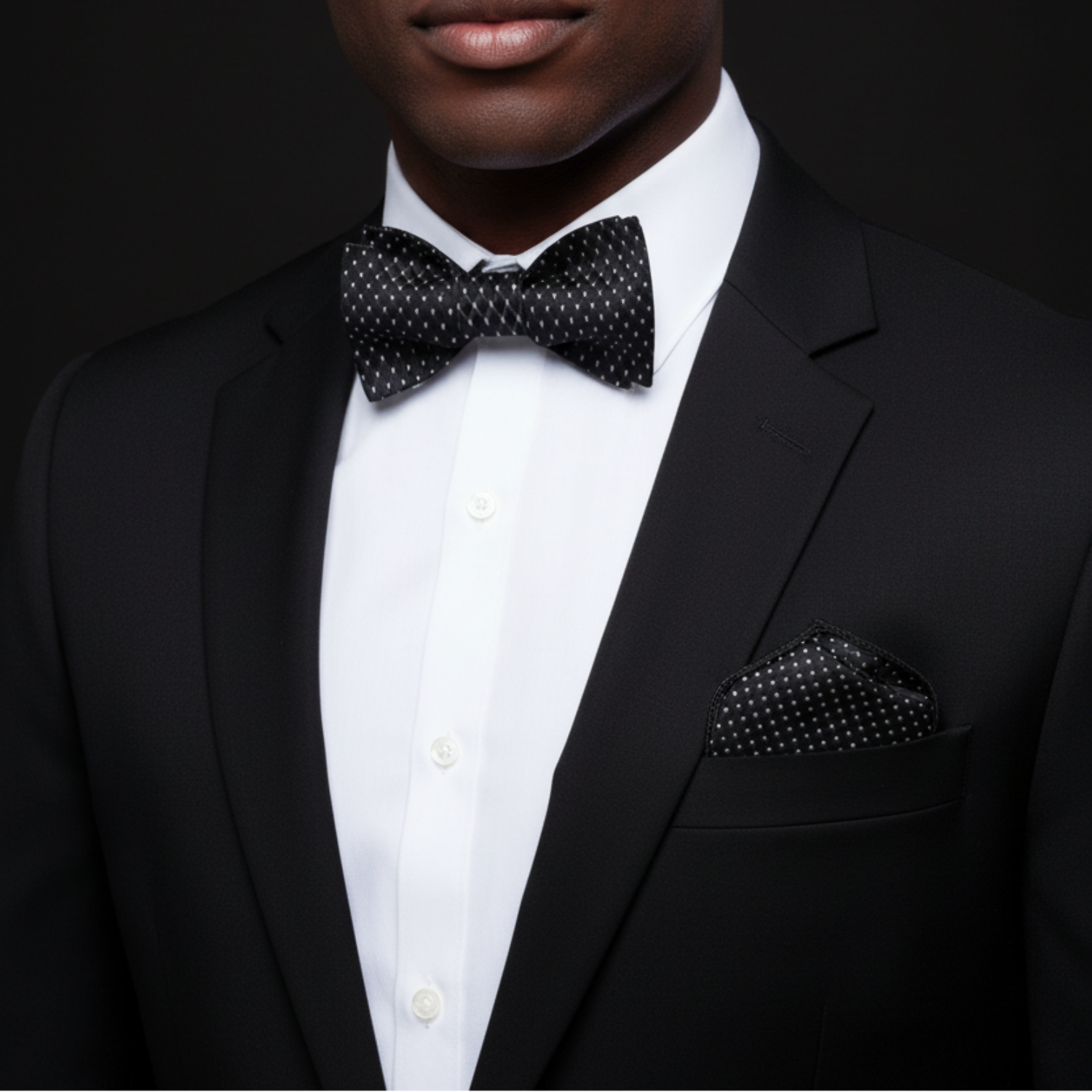 Man wearing a black suit with a bow tie against a dark background