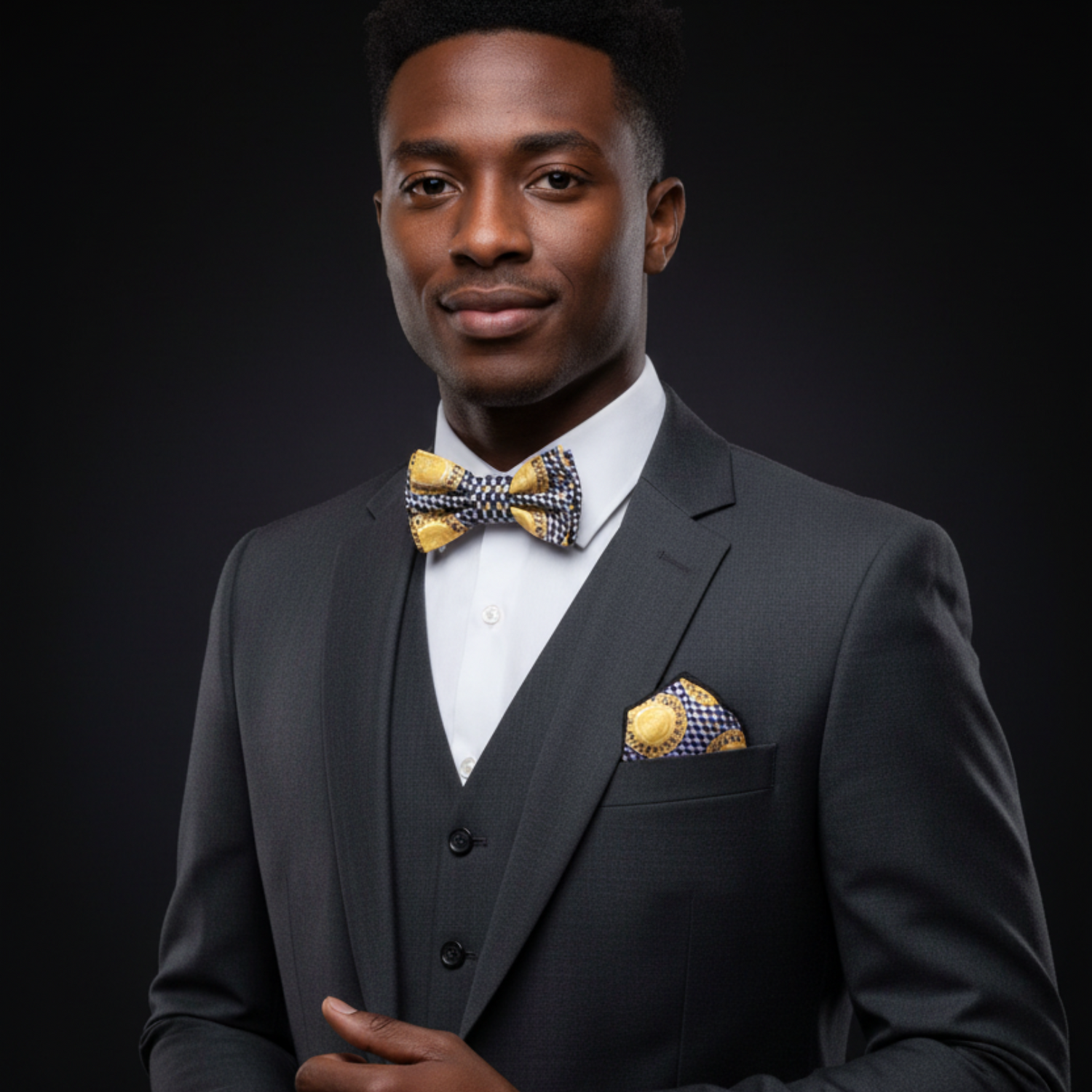 Man wearing gold black shield geometric bow tie and square on suit