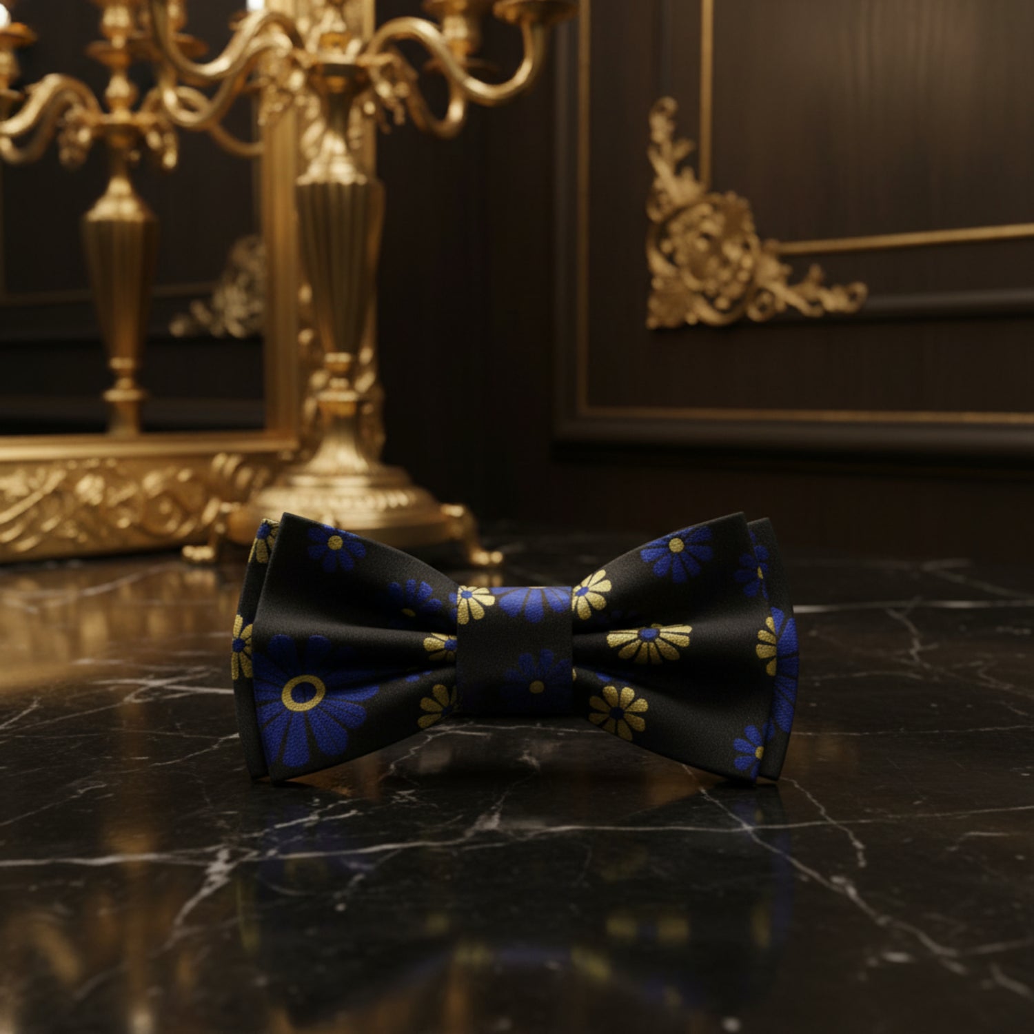 Pre Tied Black, Blue, Gold Flowers Bow Tie
