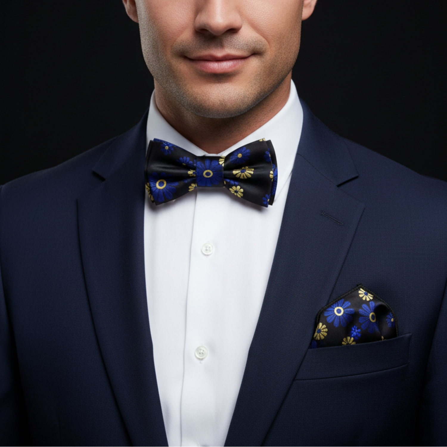 Man wearing a navy suit with a patterned bow tie and pocket square on a black background