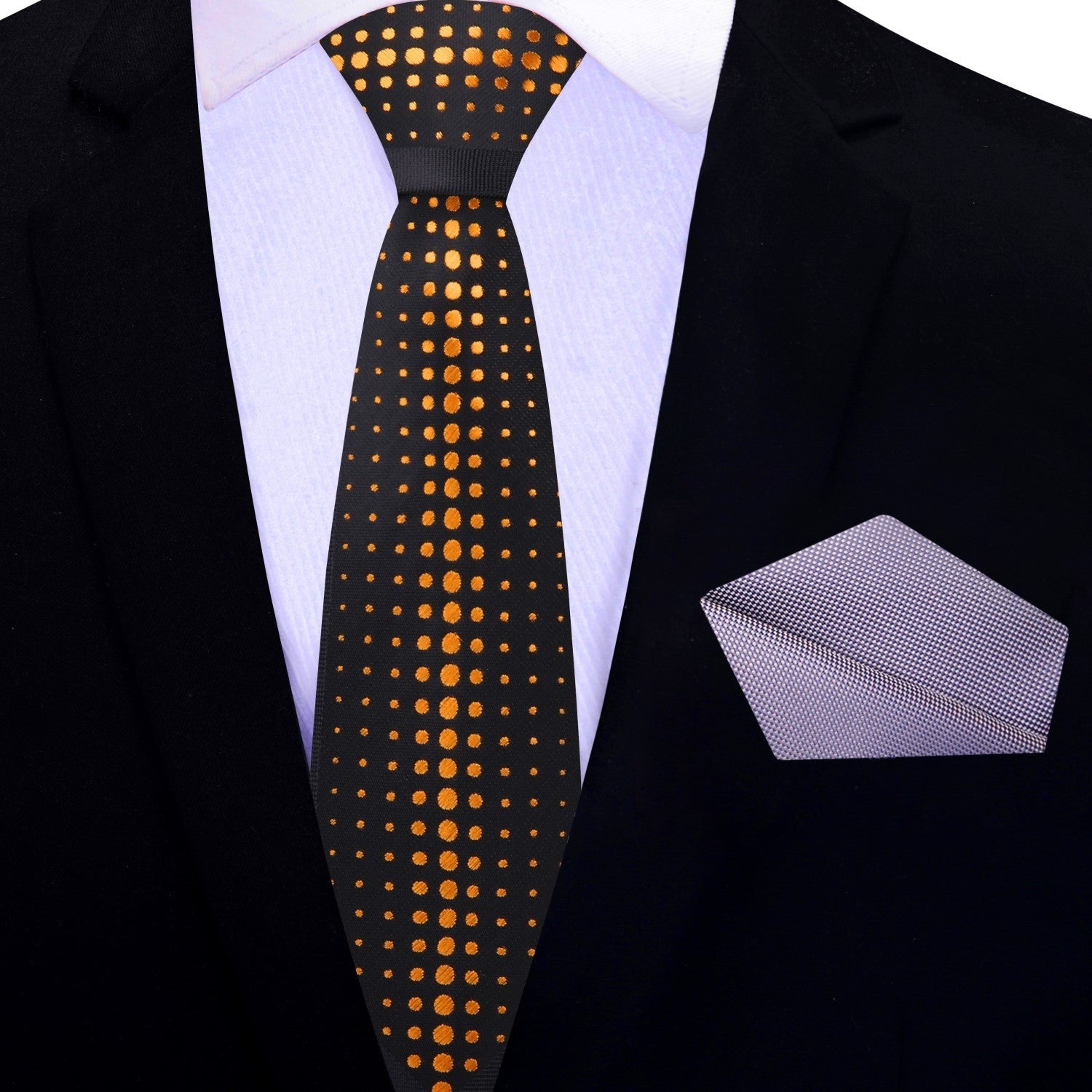 Thin black and golden orange polka tie and light grey square