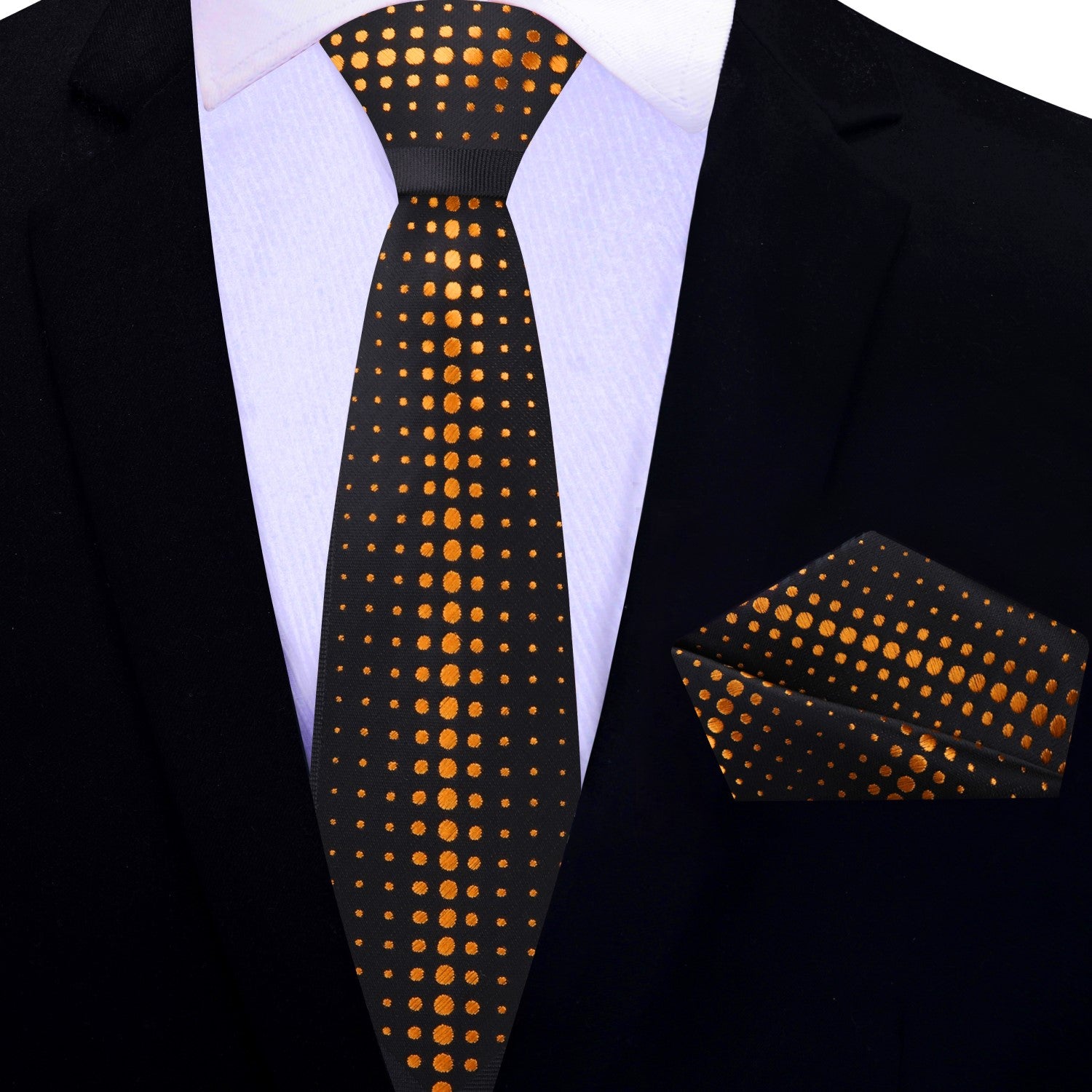golden orange and black polka dot thin tie and pocket square
