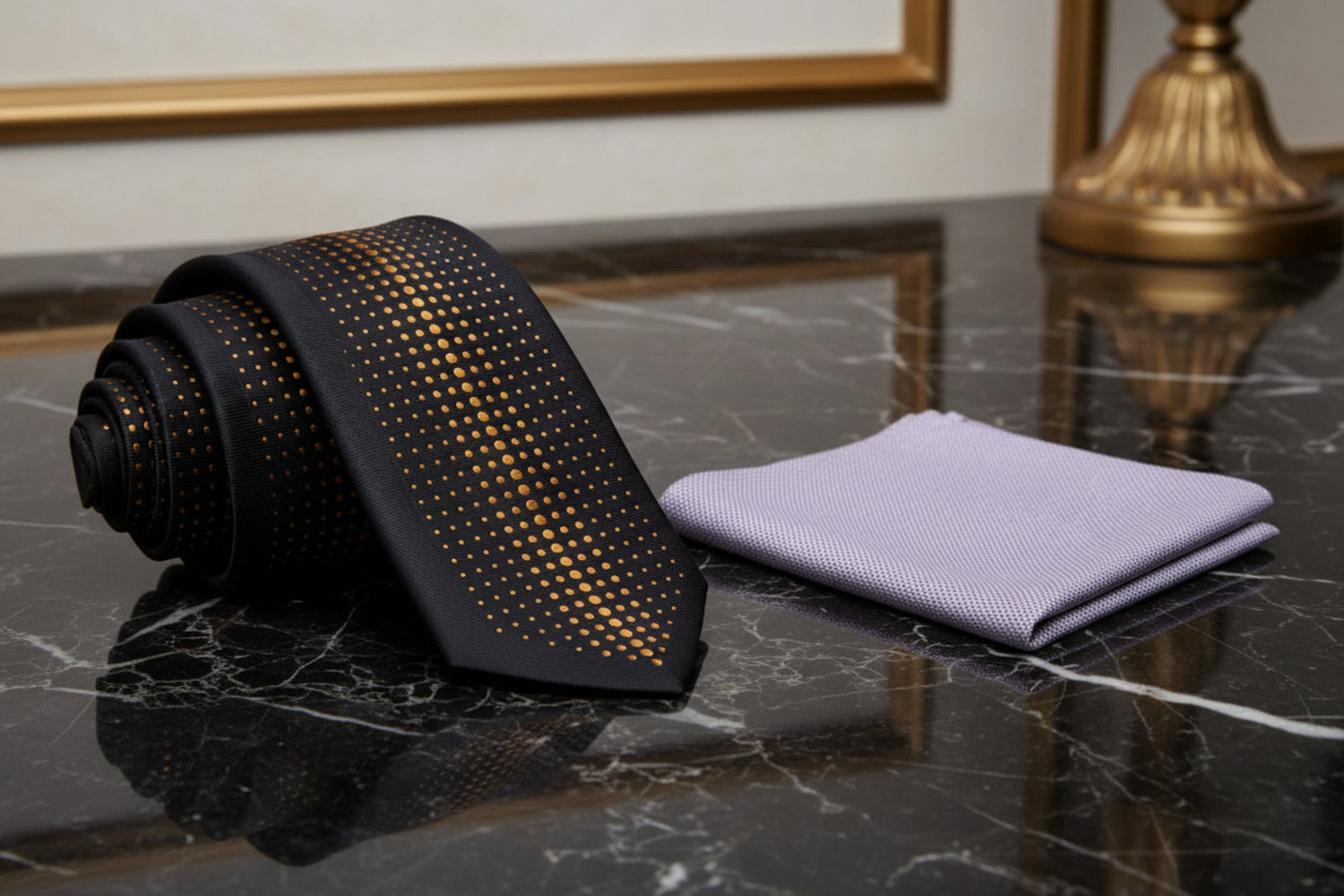 Alt black and golden orange polka tie and light grey square