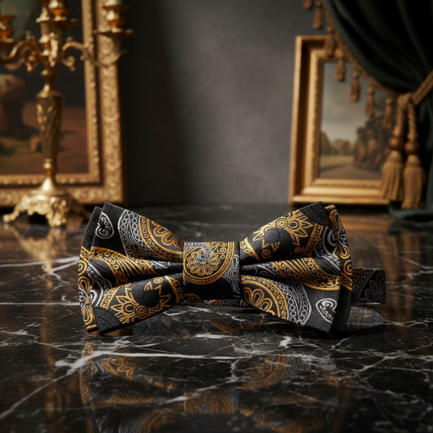 Black, Yellow Gold, Grey Paisley Bow Tie Pre Tied
