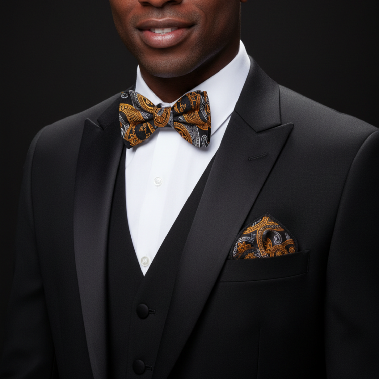 Man wearing a black suit with a patterned bow tie and pocket square on a dark background
