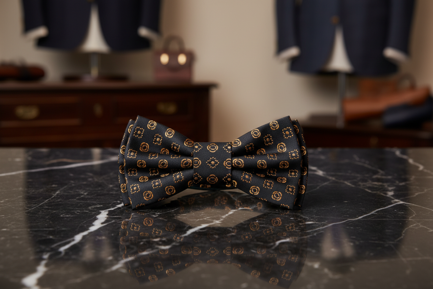 Black, Blue, Deep Gold Lines With Flowers Bow Tie Pre Tied
