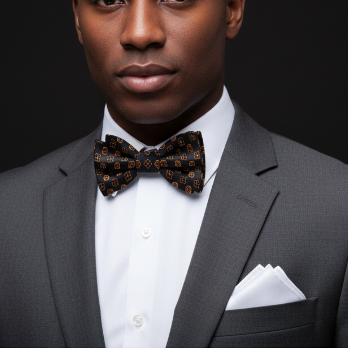 Man wearing a gray suit with a patterned bow tie against a black background