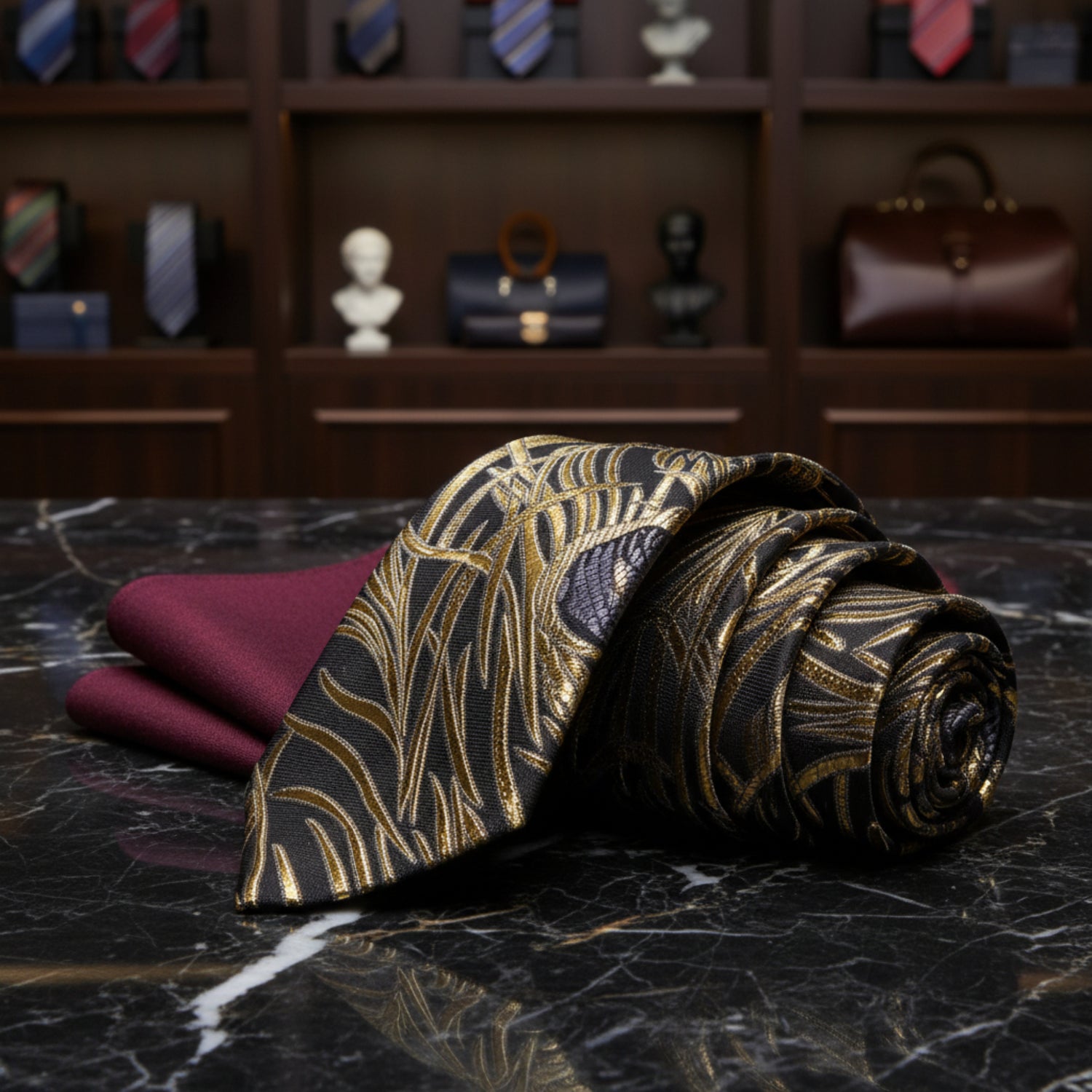 Alt View: Black, Gold, Grey Abstract Necktie with Burgundy Square