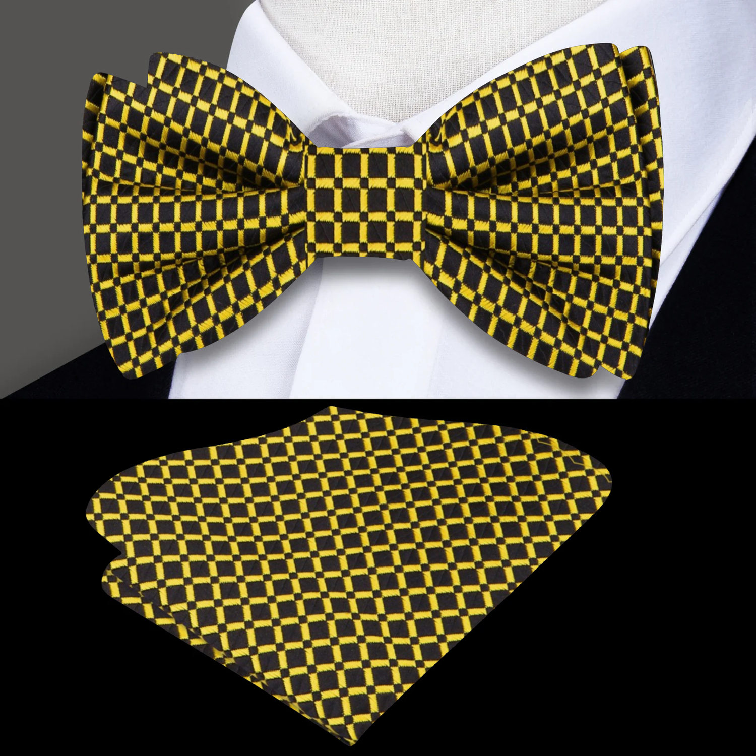 A Black, Gold Small Geometric Check Pattern Self Tie Bow Tie, Matching Pocket Square