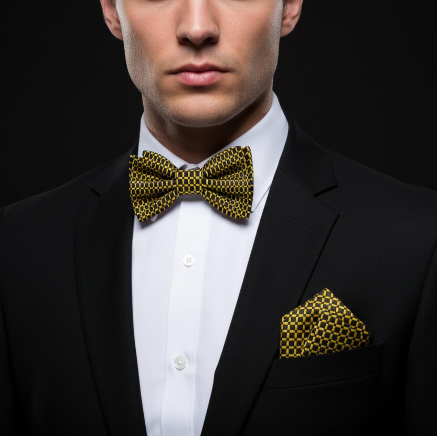 Man wearing a black suit with a yellow patterned bow tie and pocket square against a black background