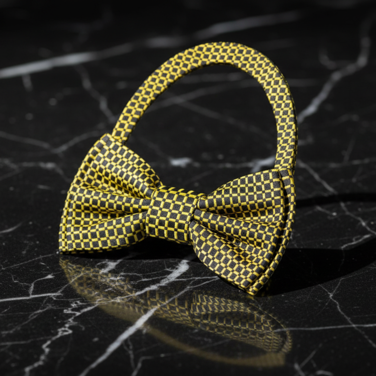A Black, Gold Small Geometric Check Pattern Bow Tie