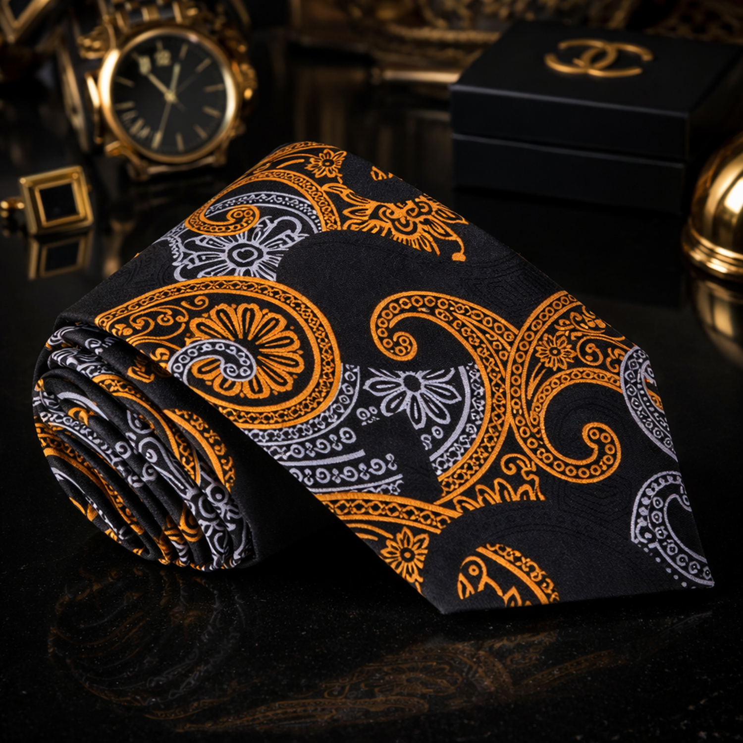 Black, Gold Paisley Tie