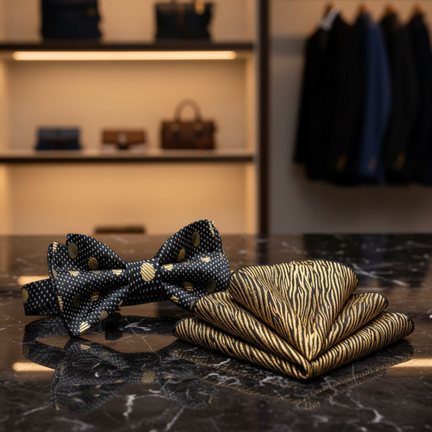 A Black, Gold Polka Pattern Silk Self Tie Bow Tie, Accenting Gold Pocket Square