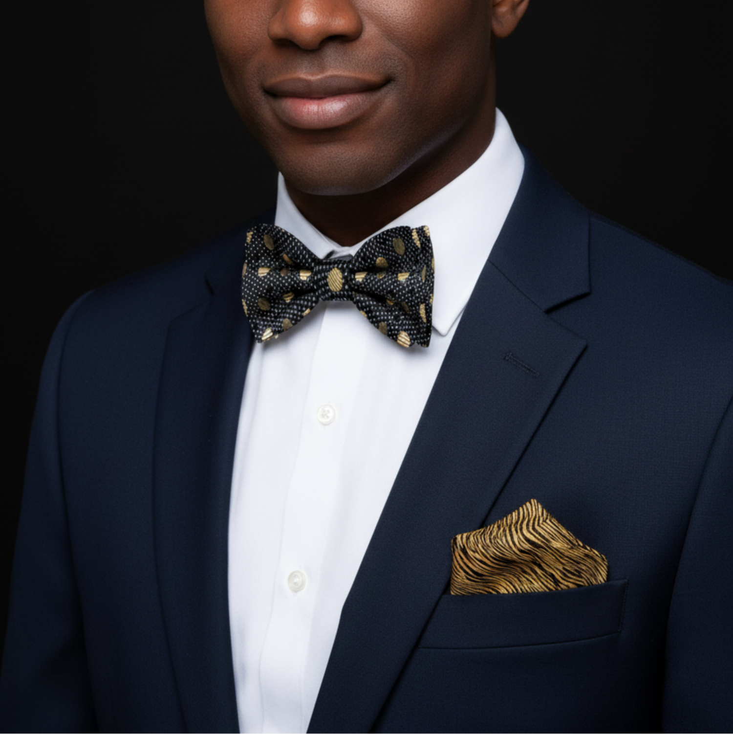 Man wearing a navy suit with a patterned bow tie and pocket square on a black background