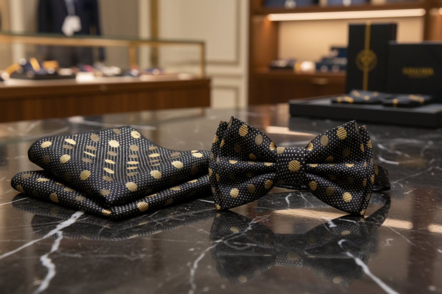  black gold polka bow tie and square