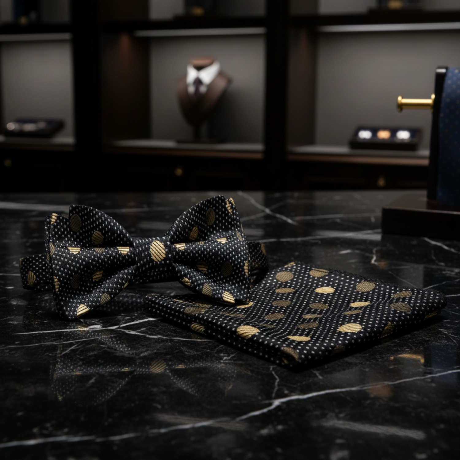 A Black, Gold Polka Pattern Silk Self Tie Bow Tie,  Pocket Square