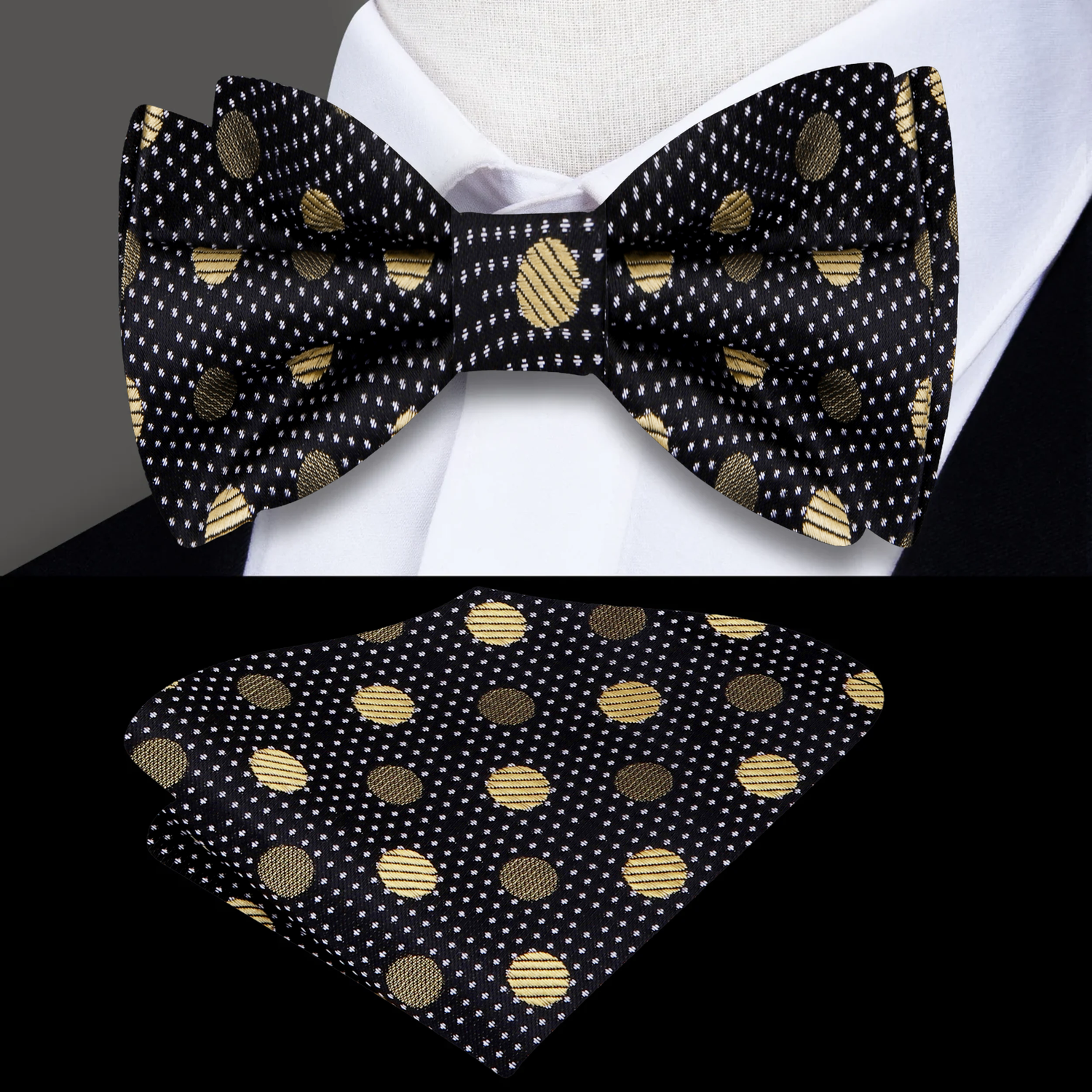 A kids' bow tie and pocket square set featuring black and gold colors with a polka dot pattern