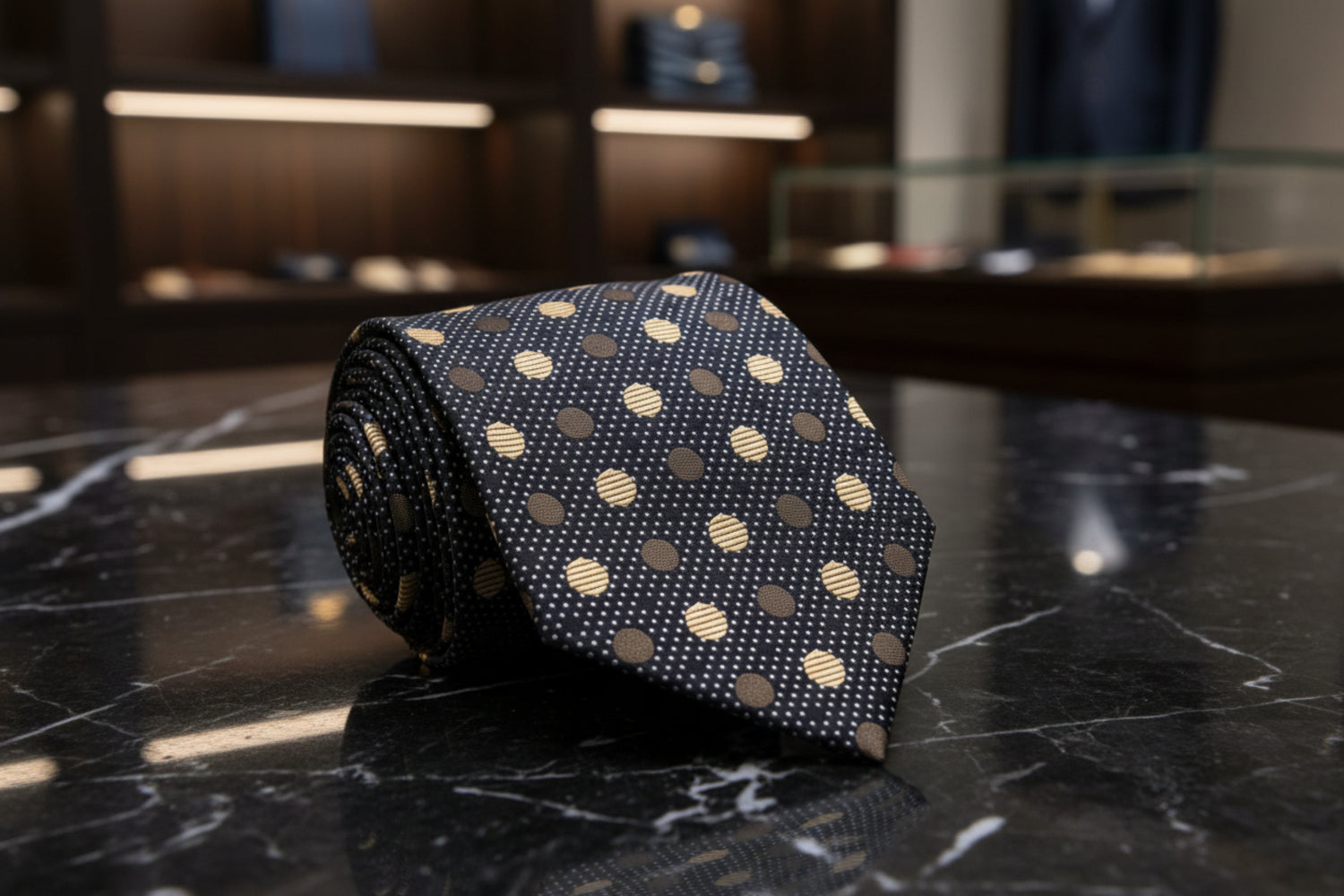 Navy tie with gold and brown polka dot pattern on a white background