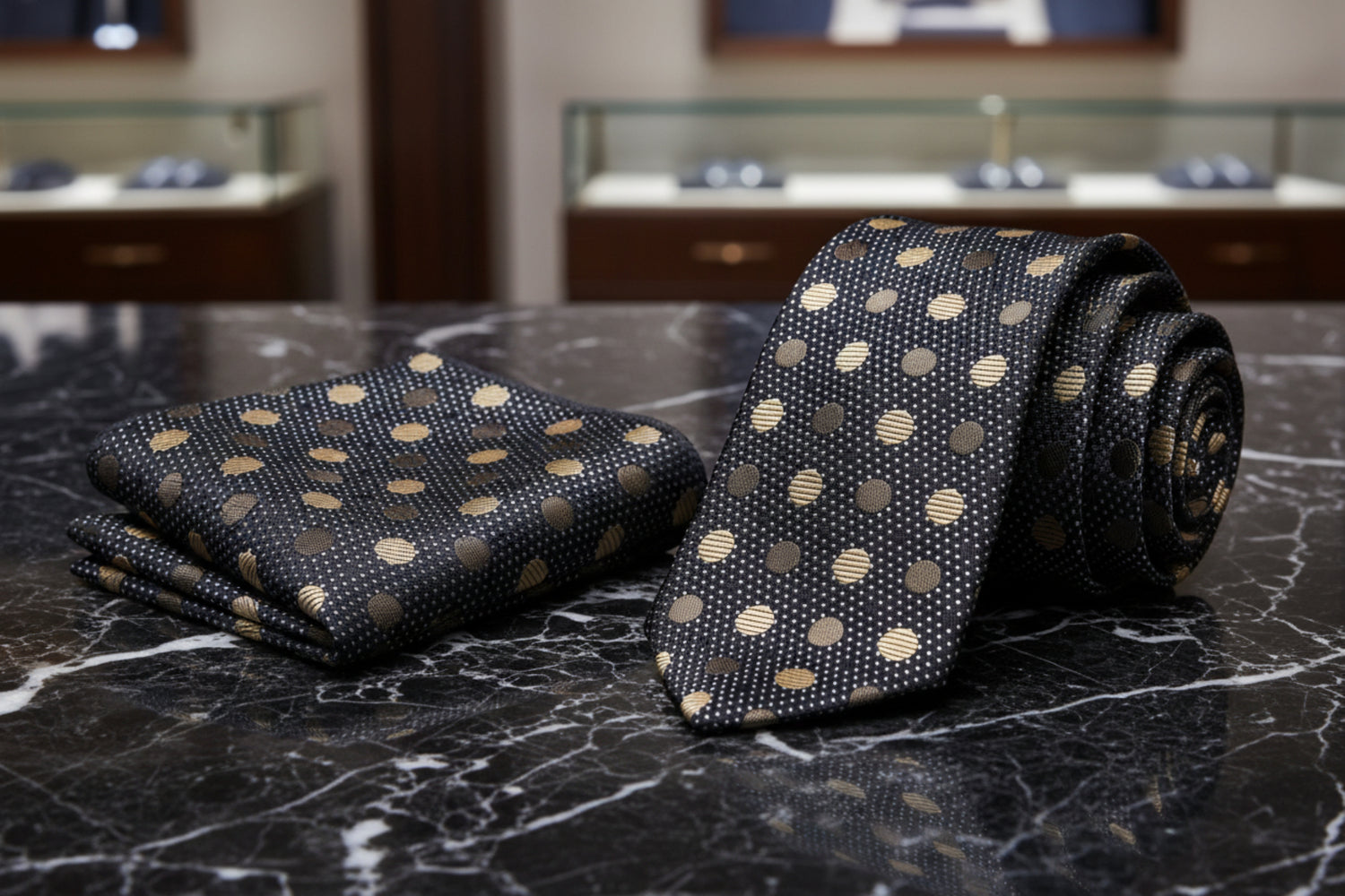 View 2: Black and Gold Polka Tie with Square