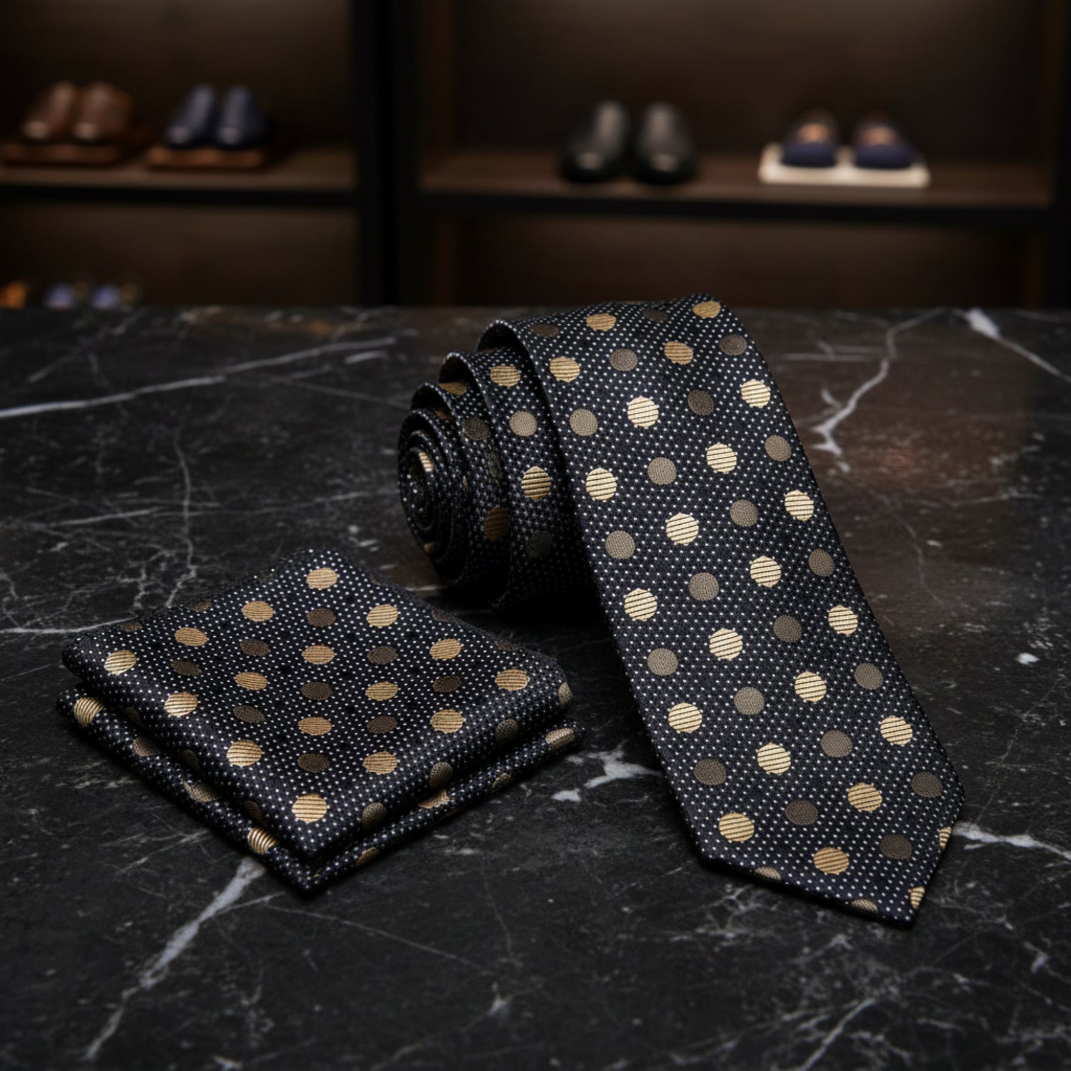 View 2: Black Gold Polka Necktie and Square