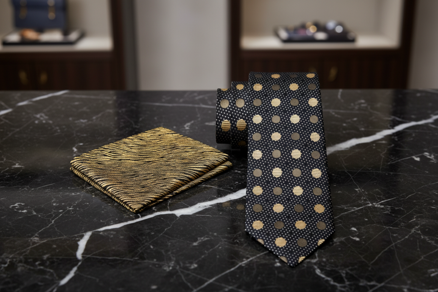 Alt View: Black and Gold Polka Tie with Accenting Gold Zebra Square