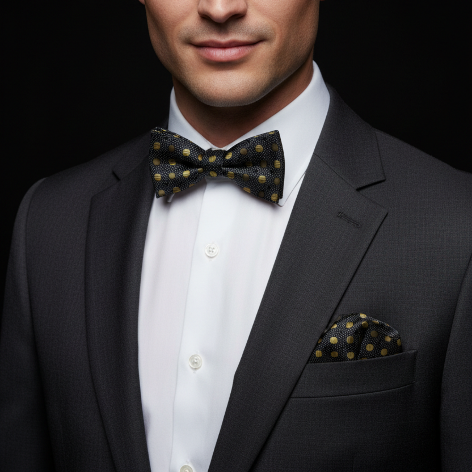 Man wearing a black suit with a white shirt and polka dot bow tie and pocket square.