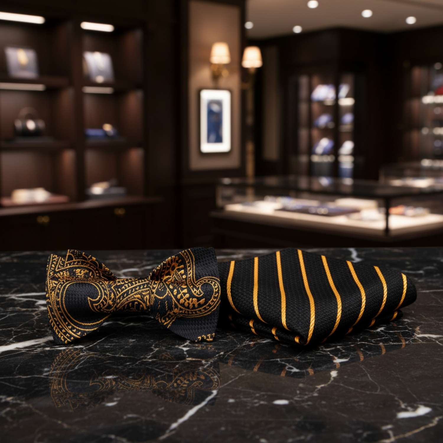 Black, Gold Paisley Bow Tie and Accenting Pocket Square
