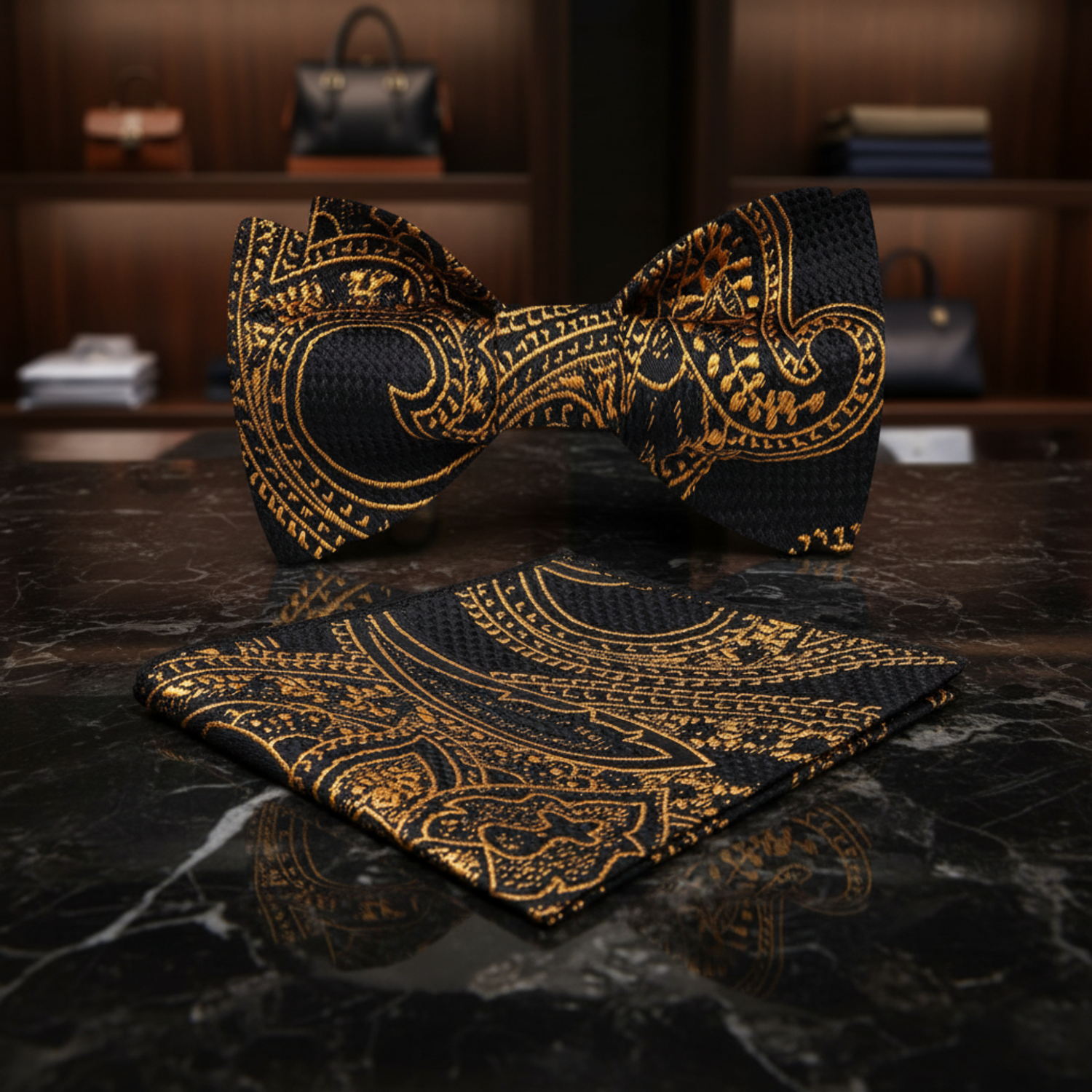 Black, Gold Paisley Bow Tie and Pocket Square
