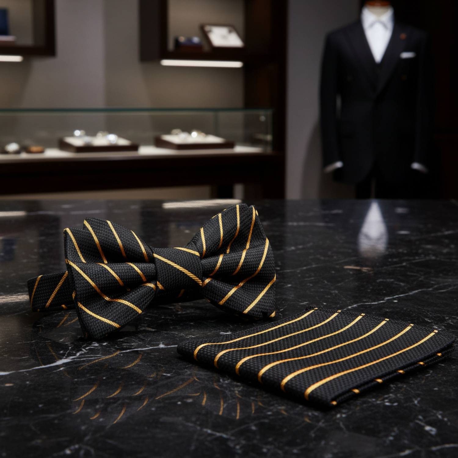 Main View: Black with Gold Stripe Bow Tie and Pocket Square