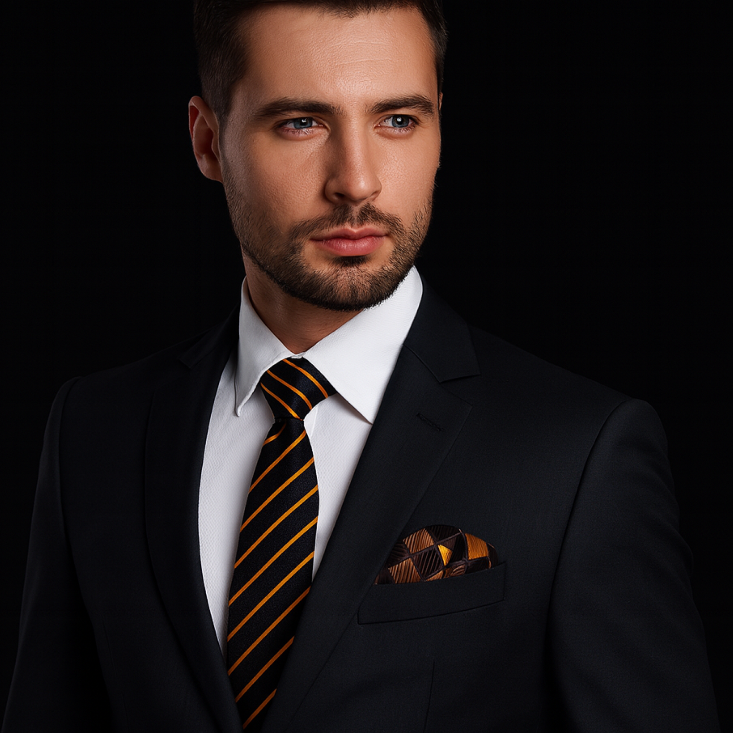Man wearing a dark suit with a striped tie and pocket square on a black background