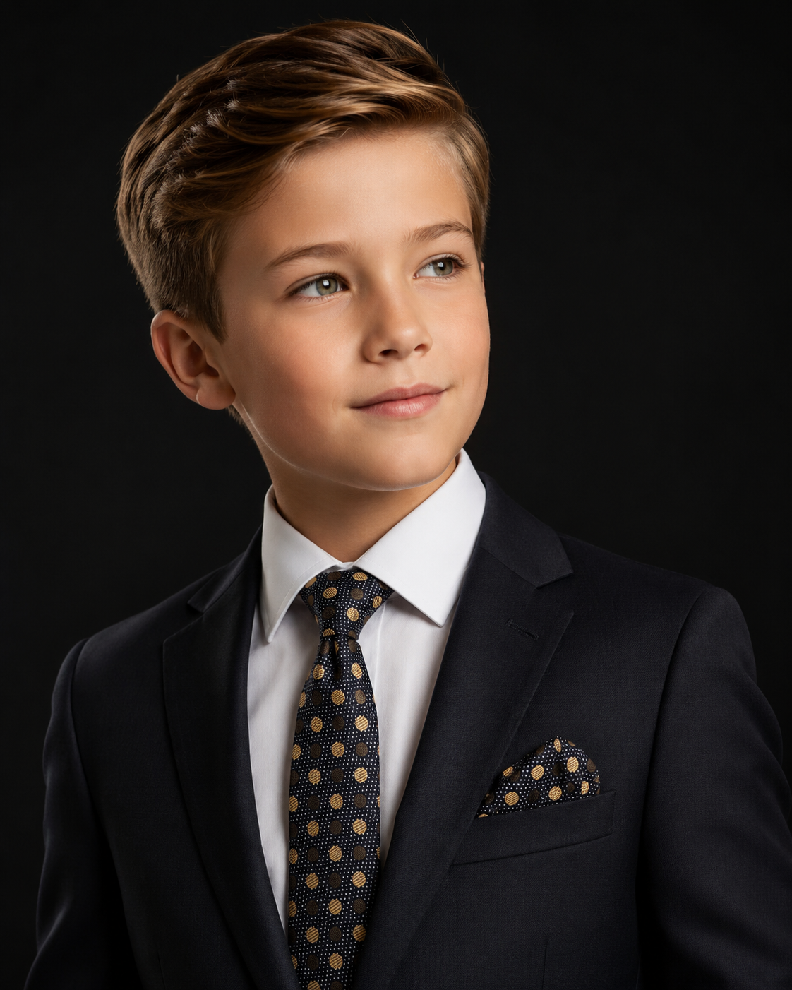 Black Gold Polka Necktie and Square on boy with suit
